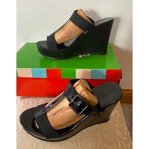 Charles David Black Patent Wedge Heels Adjustable Straps Buckles Shoes Size 7.5